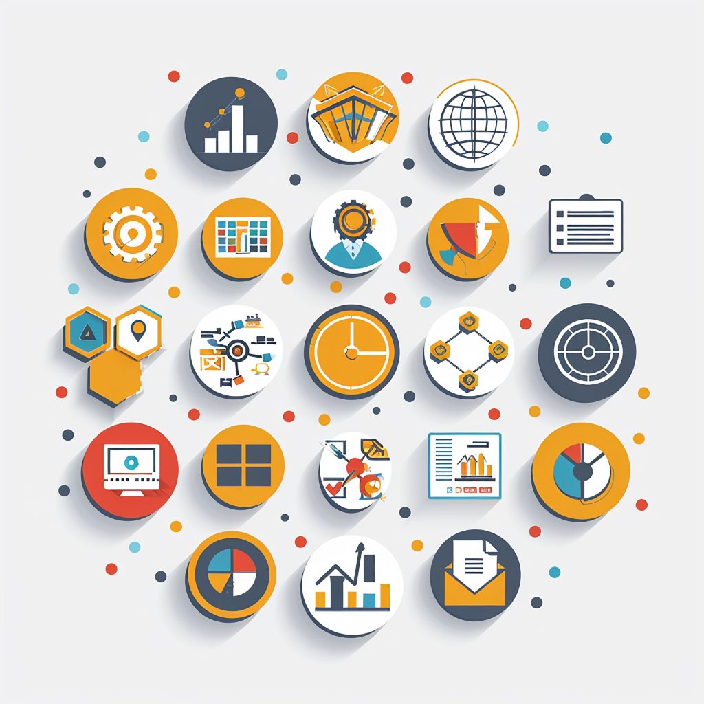 Icons illustrating key use cases for a business management simulation: leadership, finance, pricing, operations, portfolio and change moments
