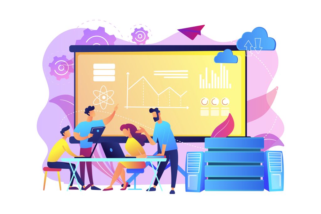 Team using business simulations for strategic planning, data analysis, and decision-making