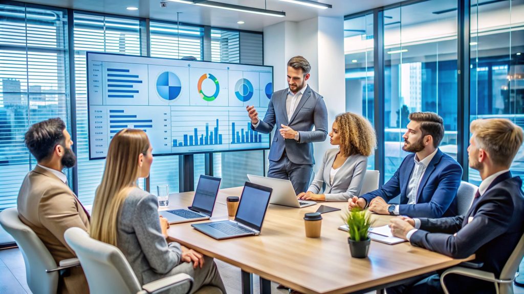 Business simulations for decision making help a team analyze charts and data to practice problem-solving and improve decision-making skills.