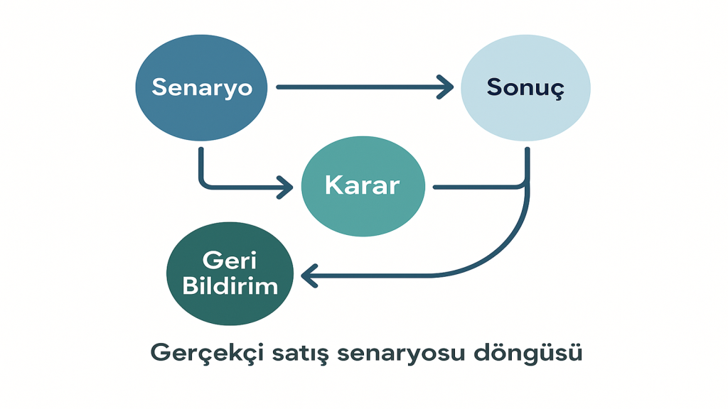 Satış planlamasında gerçekçi senaryo döngüsü (satış simülasyonu): Senaryo → Karar → Sonuç → Geri bildirim akış diyagramı