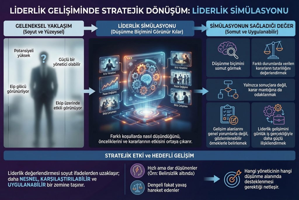 Liderlik simülasyonunun kurumlara stratejik düşünme, karar kalitesi ve gelişim alanlarını görünür kılmasını anlatan infografik