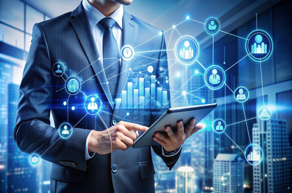 Business management simulation concept visualized with networked KPIs around a manager using a tablet