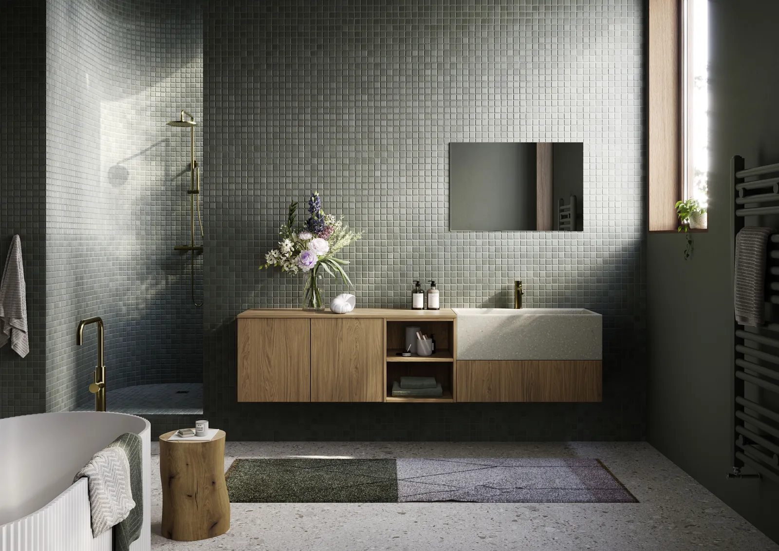 Koyu yeşil mozaik duvarlı banyoda ahşap ve beyaz banyo ünitesi