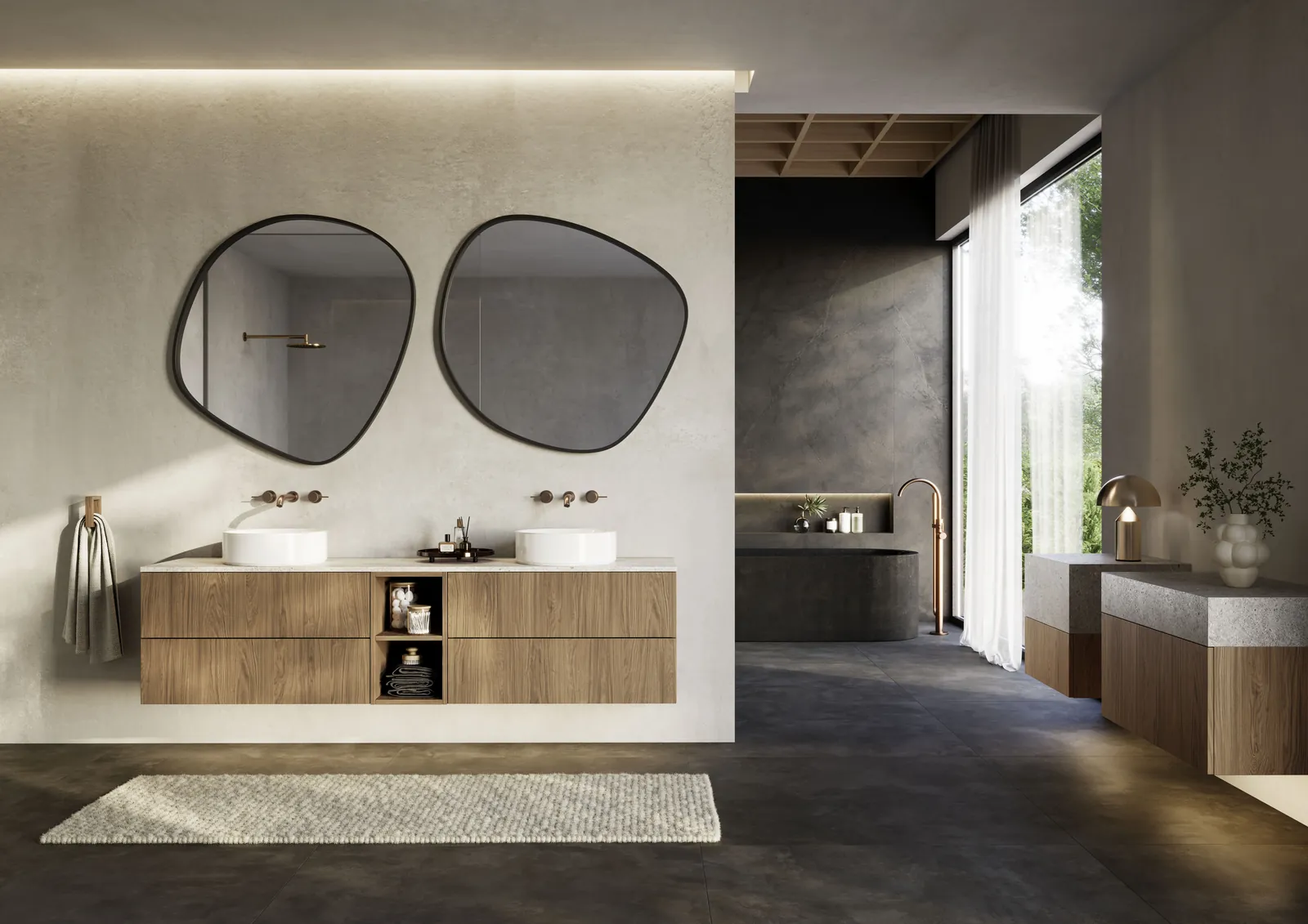 Organik formlu iki aynanın altında ahşap çift lavabo ünitesi