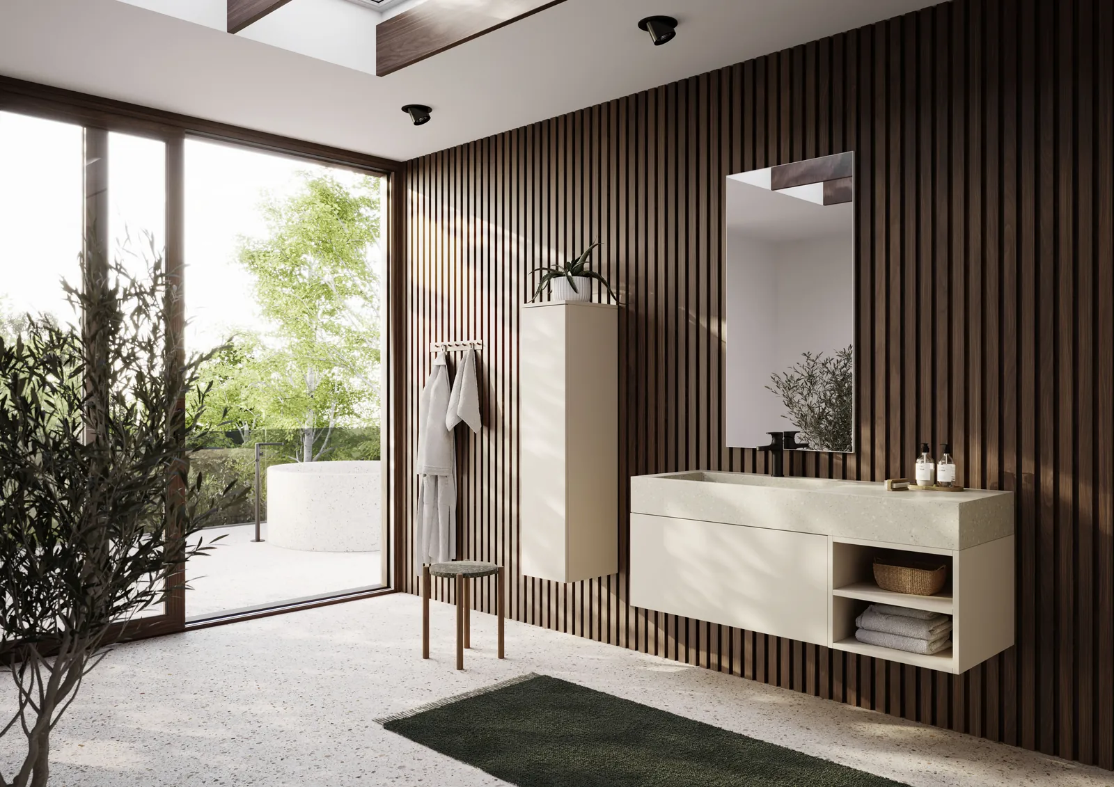 Koyu ahşap lamelli duvar önünde krem banyo ünitesi ve açık raf