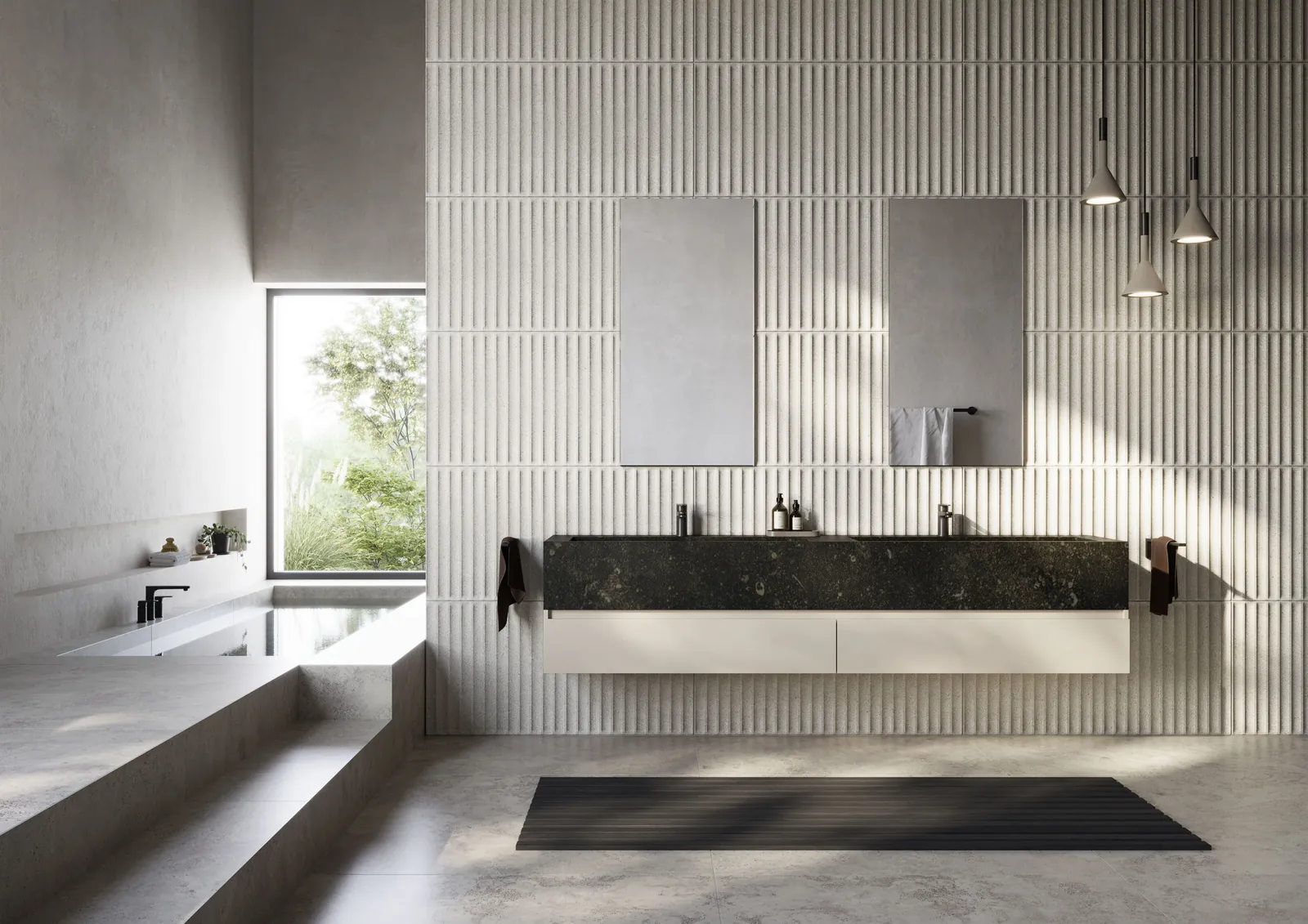 Beyaz lamelli duvar önünde doğal taş tezgahlı çift lavabo ünitesi