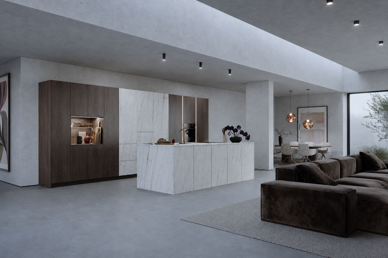 Beton tavanlı açık planda koyu ceviz boy dolaplar ve beyaz mermer desenli ada