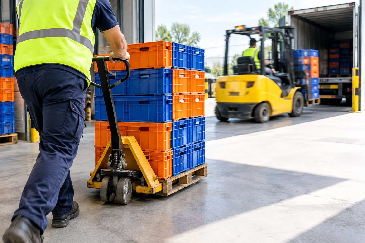 Yükleme rampasında renkli plastik kasaların palet üzerinde taşınması, arka planda sarı forklift